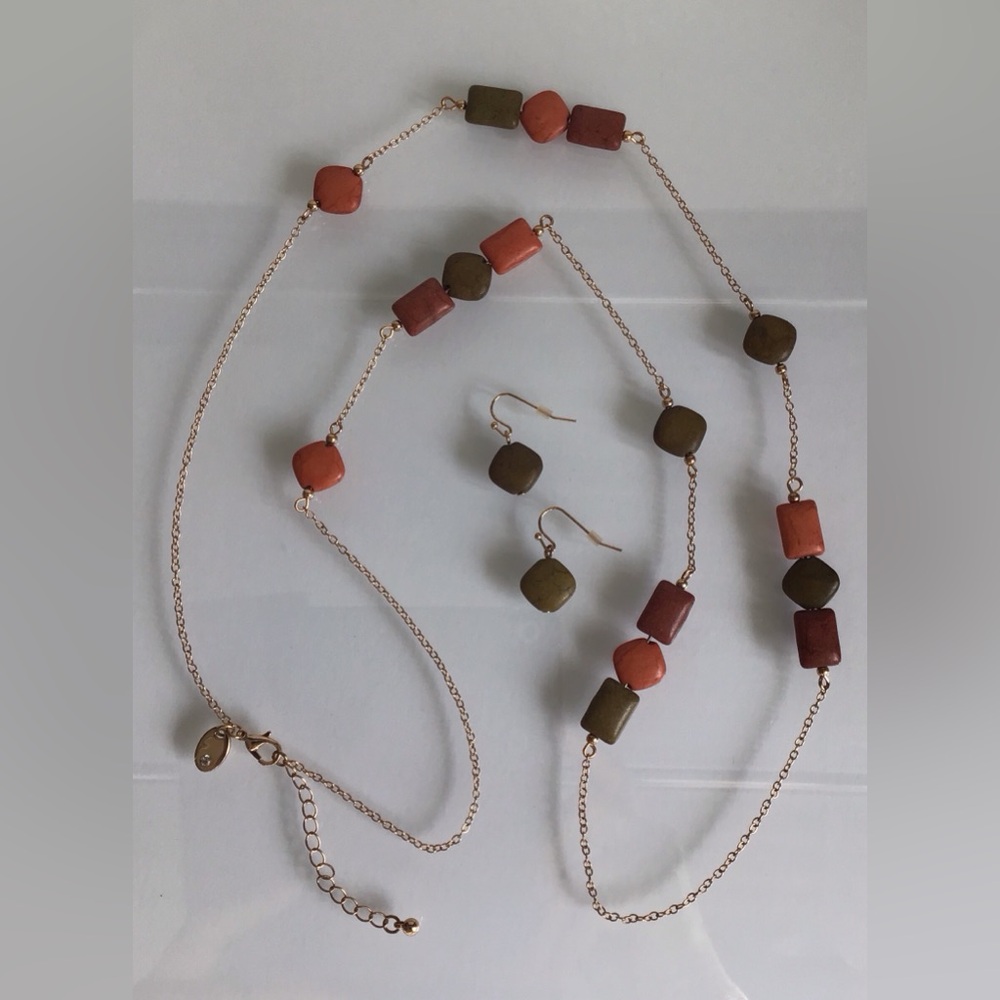 Natural Stone Rust Green Matte Finish Chiclet Bead Necklace & Earrings